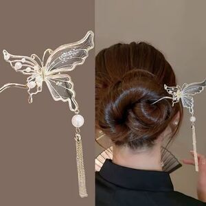 Brand New Gold Tone Butterfly Pearls Hair Pin